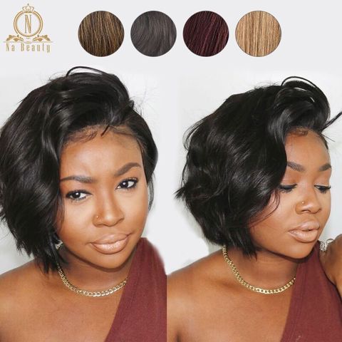 Perruque Bob Lace Front wig brésilienne Remy naturelle, cheveux courts lisses, coupe Pixie, ombré, noir blond 1B 27 613, 13x6, pour femmes ► Photo 1/6