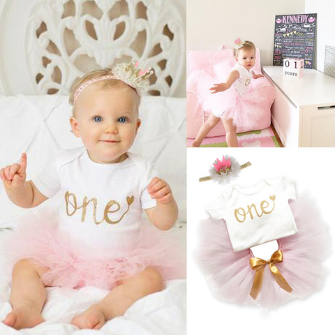 Robe de fête d'anniversaire pour filles, vêtements d'été en coton, tenue Tutu pour bébés filles, pour baptême, 1 an, 3 pièces ► Photo 1/6