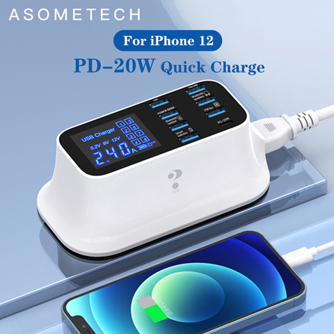 Chargeur USB 8Ports 20W PD type-c rapide, Station de Charge HUB adaptateur pour iPhone 12 11 X XR XS Max Android ► Photo 1/6