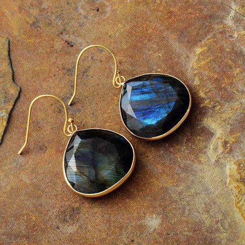 Boucles d'oreilles en pierre dorée, bijoux en forme de goutte, Labradorite, A ++++, vente en gros ► Photo 1/4