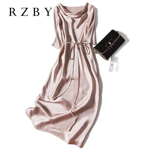 Robe longue en Satin à lacets pour femmes, tenue de soirée élégante en soie, Sexy, demi-manches Spaghetti, grande taille, été, RZBY098 ► Photo 1/6