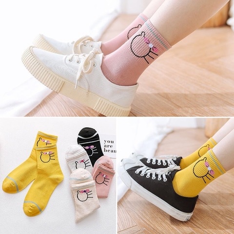 5 Paires/pack Socquettes Femme Coton Dessin Animé Mignon Fruits Harajuku Automne Hiver Chat Chaton Banane Avocat Chaussettes Sourire Femmes Chaussettes ► Photo 1/6