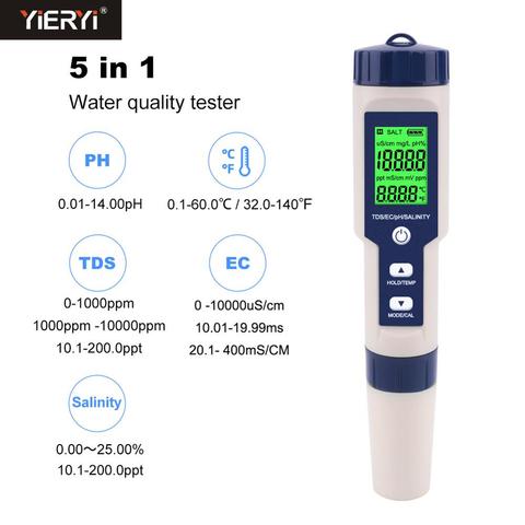 Yieryi-testeur de qualité de l'eau 5 en 1 TDS/EC/PH/TEMP, avec électrode remplaçable, peut être mesuré de la salinité en mer, nouvelle collection ► Photo 1/6