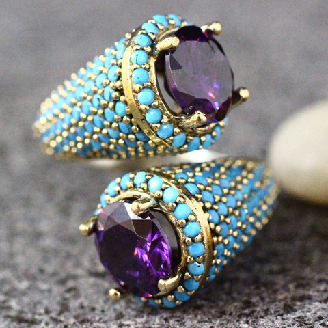 Vintage or couleur Turquoises perlée anneau d'ouverture pour les femmes filles Punk gothique fête rétro violet Zircon bijoux cadeau G4M853 ► Photo 1/4