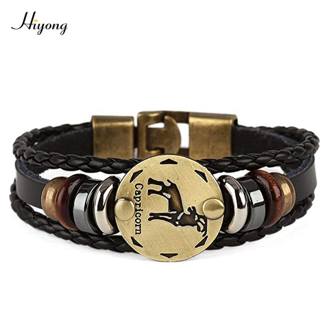 Bracelet en cuir pour hommes, signe du zodiaque, Horoscope, Vintage, rétro, breloque, bijoux, cadeaux, Leo capricorne, bélier ► Photo 1/6