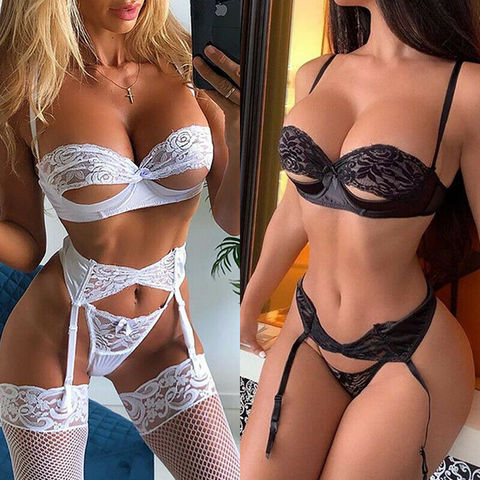 Soutien-gorge tanga en dentelle florale pour femmes, vêtements de nuit Sexy, poupée bébé, sous-vêtements, à chaîne, blanc/noir ► Photo 1/6