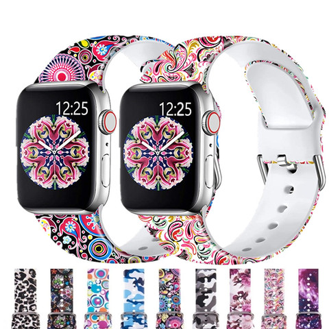 Bracelet d'impression pour Bracelet de montre Apple 44MM 40MM 38MM 42MM fleur florale ceinture en Silicone pour iWatch série 6 SE 5 4 3 Bracelet de montre ► Photo 1/6