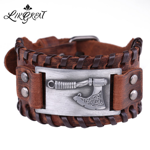 LIKGREAT Viking Bracelet Manchette En Cuir Tressé Bracelet Amulette Bijoux Accessoires Celtics Noeud Tailsman Hache Slave Bracelet À Breloques ► Photo 1/6