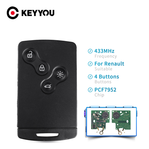 KEYYOU – carte-clé télécommande intelligente à 4 boutons, 433MHz, transpondeur PCF7952, pour voiture Renault Megane III, Laguna III, Koleos, CLIO (2008 à 2011) ► Photo 1/6