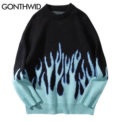 GONTHWID – pull tricoté pour homme, vêtement de style Hip-Hop et décontracté, avec motif flamme de feu, style urbain, Harajuku, à la mode, 2022 ► Photo 1/6