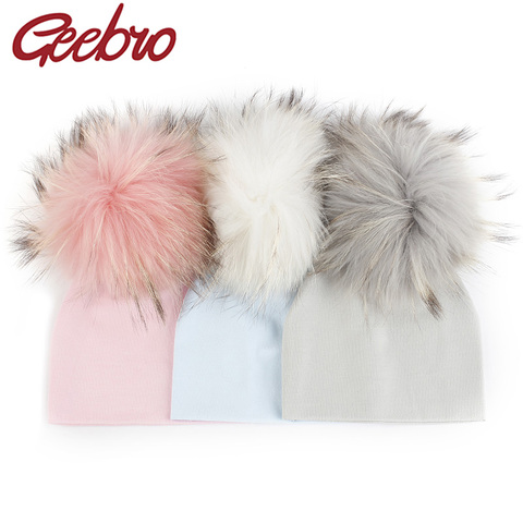 Geebro Newborn Soft Cotton 15 cm Real fur pompom Beanies Hats For Baby Boys Girls Autumn Winter Kids Infants Toddler Baby Hats ► Photo 1/6