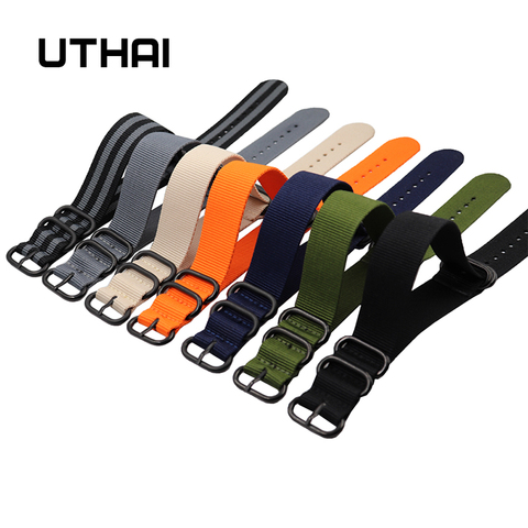 UTHAI P31 Nylon sangles 18mm 20mm 22mm 24mm Nylon bracelet de montre otan nylon toile bracelet de montre avec cinq anneaux noir boucle acier thique ► Photo 1/6