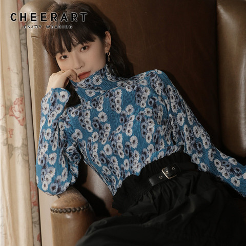 CHEERART-chemisier Floral pour femmes, vêtement haut décontracté, drapé à col roulé bleu, collection hauts et chemisiers ► Photo 1/5
