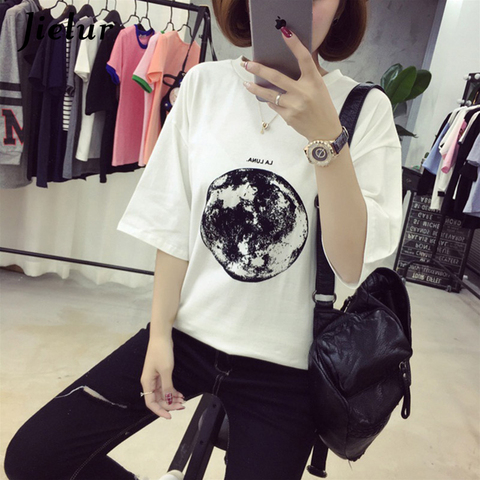 Chic D'été Nouvelle Personnalité Planète Lune Imprimé Lâche T Chemises Femmes Mince Loisirs À Manches Courtes Blanc T-shirt Femme Top M-XXL ► Photo 1/6