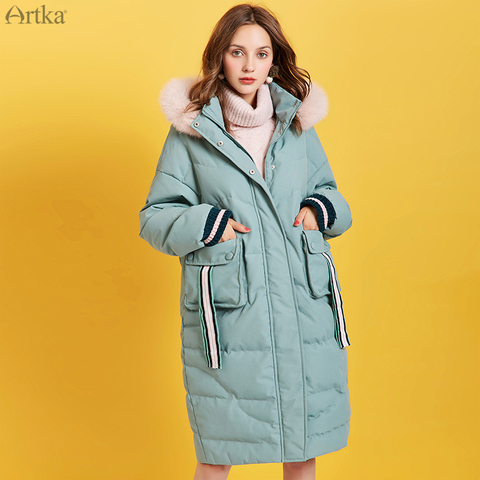 ARTKA 2022 hiver nouveau femmes vers le bas manteau 90% duvet de canard blanc épais chaud longue veste fourrure de raton laveur détachable vêtements à capuche ZK10197D ► Photo 1/6