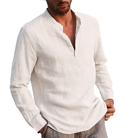 Chemise à manches longues pour hommes, en coton et lin, couleur unie, col montant, chemisier intelligent et décontracté, grande taille s/M/L/XL/XXL ► Photo 1/5