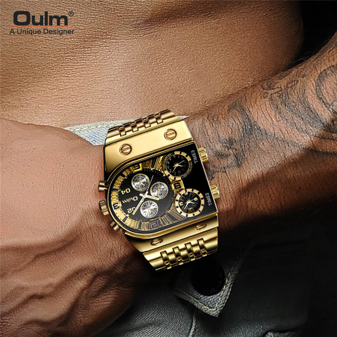 Oulm – montre-bracelet militaire étanche pour hommes, marque de luxe, 3 fuseau horaire, grand cadran en acier inoxydable ► Photo 1/6