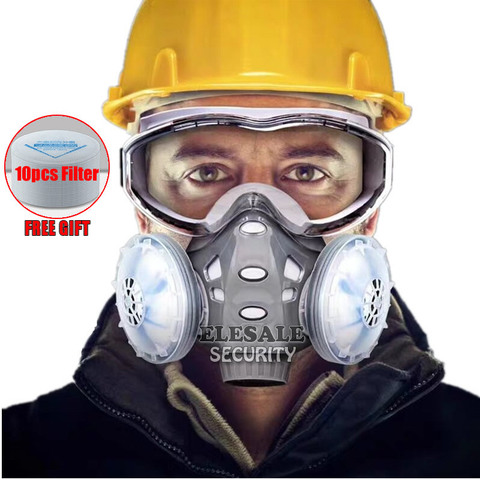 2022 masque anti-poussière respirateur avec lunettes de sécurité double filtres masque facial complet coupe-vent pour menuisier constructeur polissage anti-poussière ► Photo 1/6