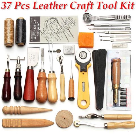 Kit d'outils professionnels d'artisanat du cuir, 37 pièces, couture à la main, poinçon, travail de sculpture pour le bricolage, accessoires d'artisanat du cuir à la main ► Photo 1/6