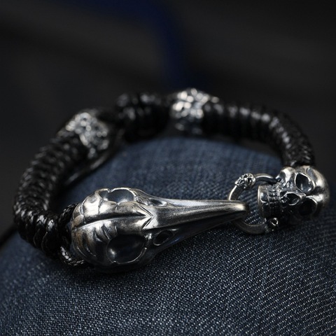 Bracelets à breloques squelette en argent pour hommes, amulette, mode crâne, Hawk, Punk, Rock, bijoux, 925 ► Photo 1/6