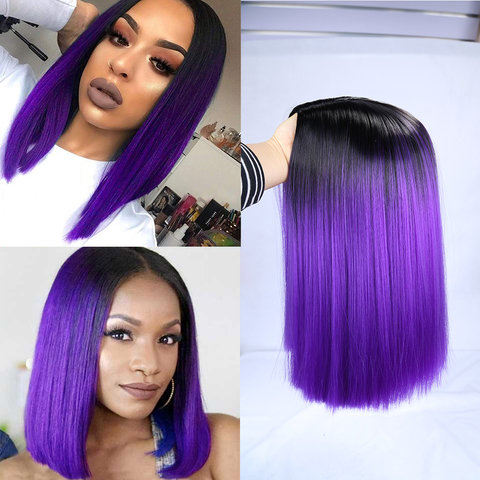 Perruque de Cosplay synthétique lisse FAVE | Noir ombré violet/blond/gris/lin brun, longueur épaule au milieu, perruque pour femmes noires ► Photo 1/6