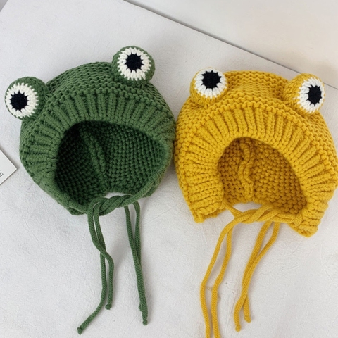 Enfants bébé hiver chaud gros câble tricoté bonnet chapeau mignon dessin animé grenouille en forme de chaud en peluche doublé coupe-vent oreillette casquette ► Photo 1/6