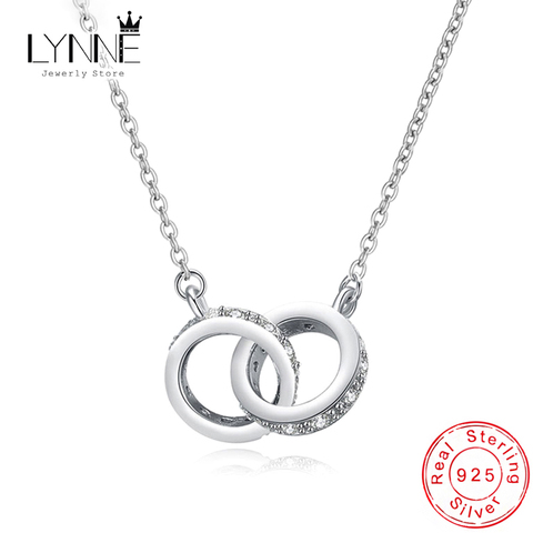 Collier pendentif Double rond en argent Sterling 925 pour femmes, Double cercle avec strass en or Rose, bijoux cadeau, nouvelle mode ► Photo 1/6