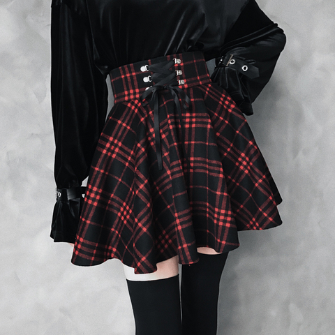 Gothique Lolita jupe femmes automne hiver taille haute à lacets courte Plaid laine jupes Mini tutu femme ► Photo 1/5