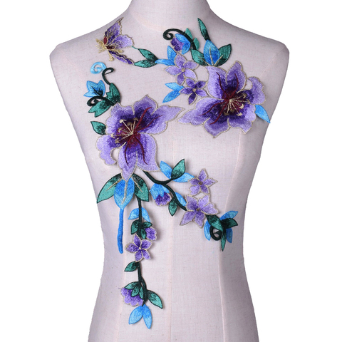 2 pièces/ensemble dentelle bordure en appliqué patchs violet fleur pour bal robe de mariée accessoire dentelle tissu ► Photo 1/2