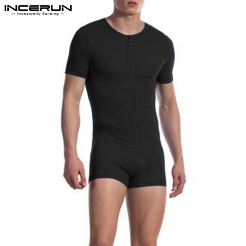 INCERUN hommes pyjamas barboteuses solide à manches courtes col en V fermeture éclair Fitness loisirs Homewear combishorts confortable 2022 hommes combinaison vêtements de nuit ► Photo 1/6