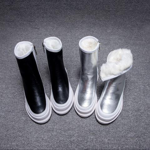 Bottes de neige nouvelles chaussures d'hiver pour femmes semelle épaisse plaform bottine bout rond épais peluche chaude coton chaussure côté Zip argent noir ► Photo 1/6