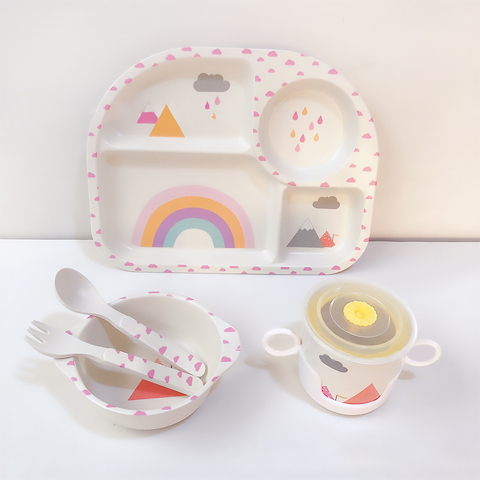 Vaisselle pour enfants, assiette en Fiber de bambou, dessin animé, plateau vaisselle, bol fourchette cuillère tasse aliments formation vaisselle cadeau pour enfants ► Photo 1/6