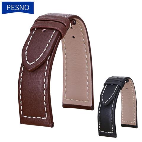 Pesno – bracelet de montre en cuir véritable et lisse pour hommes, accessoire de mode adapté à la couleur kaki marine ► Photo 1/6