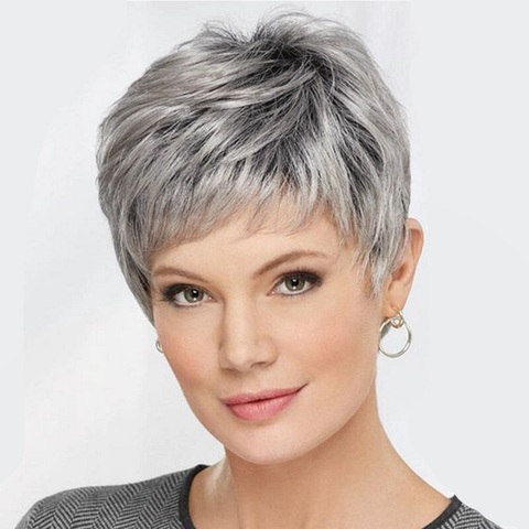 Perruques synthétiques courtes avec frange, perruques mixtes grises en Fiber haute température résistantes à la chaleur pour femmes ► Photo 1/4