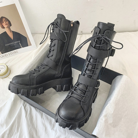 Rock chaussures femme bottes femmes nouveau 2022 à lacets chaussons dames bout rond de luxe concepteur talon plat Lolita Med mode sport ► Photo 1/5