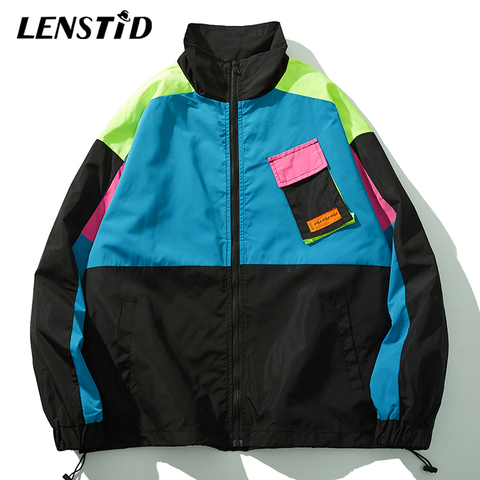 LENSTID-veste pour homme, Streetwear Hip-Hop, bloc de couleurs, veste de poche en Patchwork Harajuku Vintage coupe-vent, manteaux de piste surdimensionnés, automne ► Photo 1/6