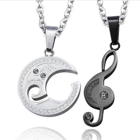 Cristal Bijoux Musique Fait Lune Chaîne Noir En Acier Inoxydable En Acier Lovers Je T'aime Couple Colliers et Pendentifs Pour Les Femmes hommes ► Photo 1/6