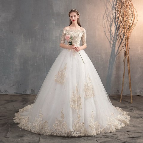 2022 Robe De mariée Épaule Demi-manches Robe De Mariée En Dentelle Grande Taille Robe De Mariée Simple Robe De Mariee ► Photo 1/6