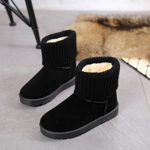 Femmes bottes de neige plat court en peluche dames bottes de neige Stretch tricot laine fourrure doublé bottes chaud hiver cheville femme chaussures WJ087 ► Photo 1/6