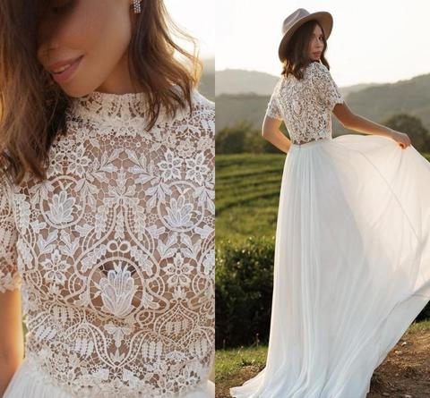 Robe de mariée de plage en mousseline de soie, style Boho, avec manches, Simple, ligne a, avec Train Court, bon marché, Sexy, col rond, 2022 ► Photo 1/5