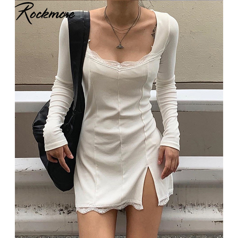 Rockmore fendu dentelle Sexy Mini robe femmes Transparent à manches longues moulante col carré au-dessus du genou robes robe de soirée Vedtidos ► Photo 1/6