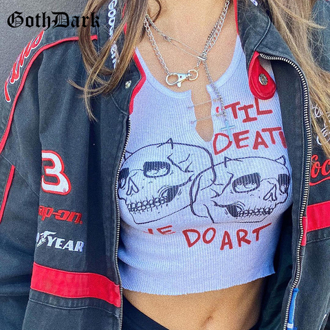 Goth Dark – débardeur esthétique Punk Grunge pour femme, haut court en tricot blanc, imprimé graphique de crâne, Slim, Emo ► Photo 1/6