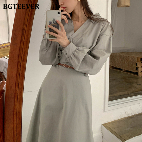 BGTEEVER-robe mi-longue Vintage, manches longues, col en v, ceinture Slim à la taille, robe trapèze, nouveauté automne 2022 ► Photo 1/6
