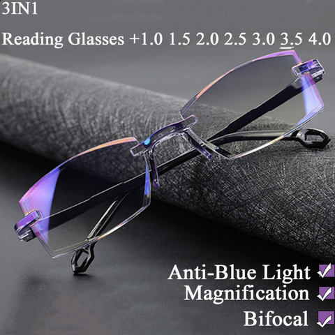 Bifocale loin près Anti lumière bleue lecture lunettes grossissement lunettes presbyte lunettes dioptrie Dimond coupe + 1.0 à + 4.0 ► Photo 1/6