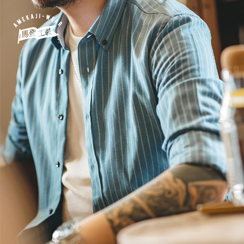 Maden automne rétro bleu rayé chemise pour hommes à manches longues classique Business chemise Oxford coton ligne vêtements pour hommes Camisas nouveau ► Photo 1/6