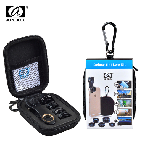 APEXEL – Kit d'objectifs pour caméra HD 5 en 1, Fisheye, grand Angle 0,63 x, Macro 15x, téléobjectif 2x, CPL, pour iPhone, Samsung, HTC ► Photo 1/6