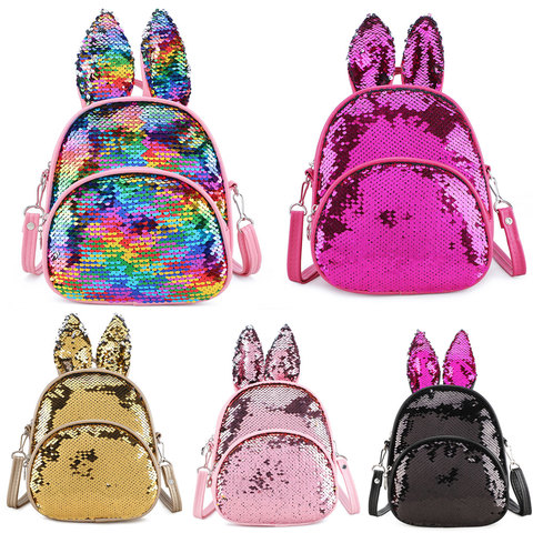 Sac à dos à paillettes pour enfants, filles, garçons, oreilles de lapin, sac à dos d'école à paillettes, sac à dos de voyage de maternelle pour adolescents ► Photo 1/6