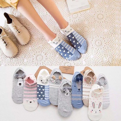 5 paires pack lot femmes chaussettes dessin animé kawaii mignon japonais style coréen bateau chaussettes courtes coton animal chaussettes ► Photo 1/5