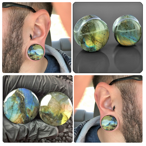 Paire Labradorite pierre oreille chair Tunnel bouchons Double & simple bougie évasée lueur pierre oreille jauges expanseur corps Piercing bijoux ► Photo 1/6