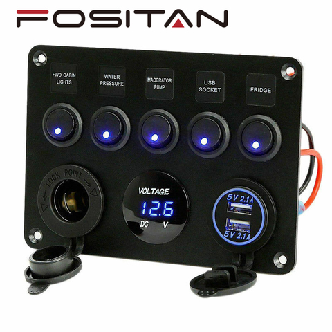 Boîte à fusibles en ligne 5 gangs 12V/24V, panneau de commutation LED, double USB, pour voiture, bateau, camion, camping-Car, affichage numérique de la tension, lumière LED bleue/verte ► Photo 1/6